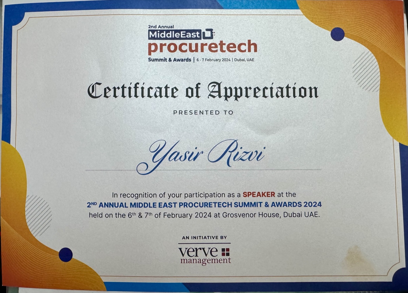 Certificate of Appreciation — Speaker