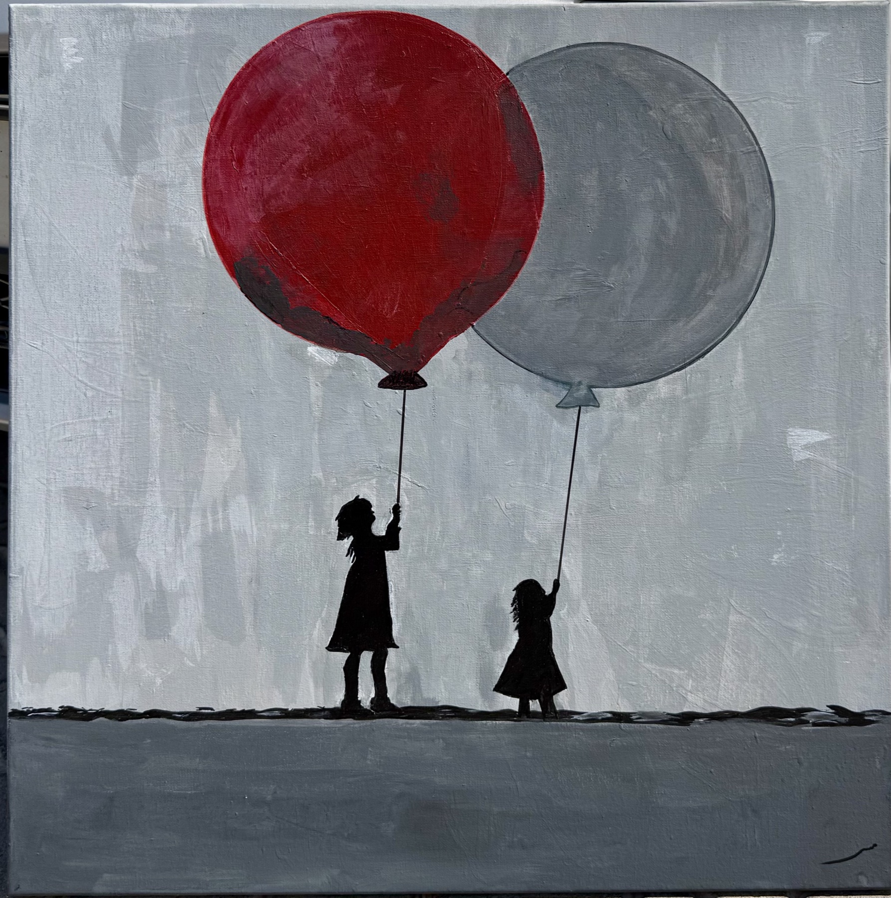 Yasir Rizvi painting — two children with balloons on canvas